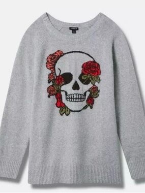torrid Gray Knit Crewneck Sweater with Skull & Red Rose Motif
